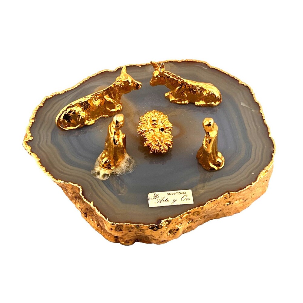Vtg Arte y Oro Gold Plated Nativity Scene Agate Geode Xmas Religious Jesus Mary